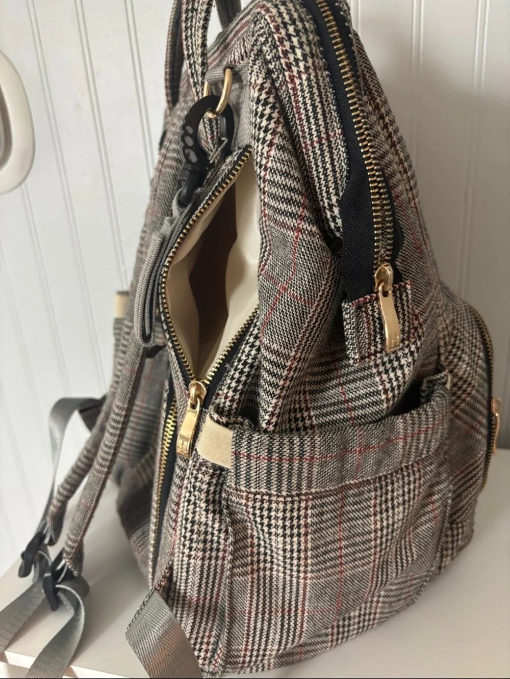 HaloVa Original Gray Plaid Backpack. Diaper Bag Pumping Bag